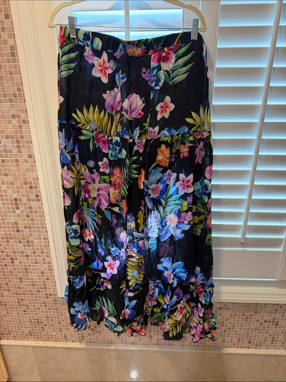 Johnny Was Black Floral Tiered Maxi Skirt with Multicolor Tropical Print